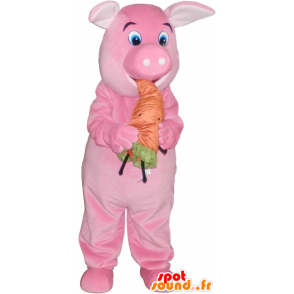 Mascotte de cochon rose avec une carotte orange - MASFR032763 - Mascottes Cochon