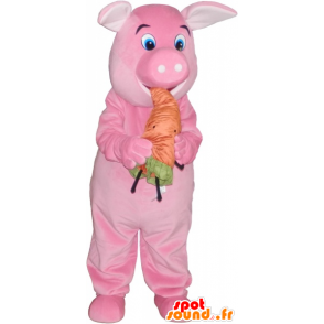 Rosa Schwein-Maskottchen mit einem orangefarbenen Karotte - MASFR032763 - Maskottchen Schwein