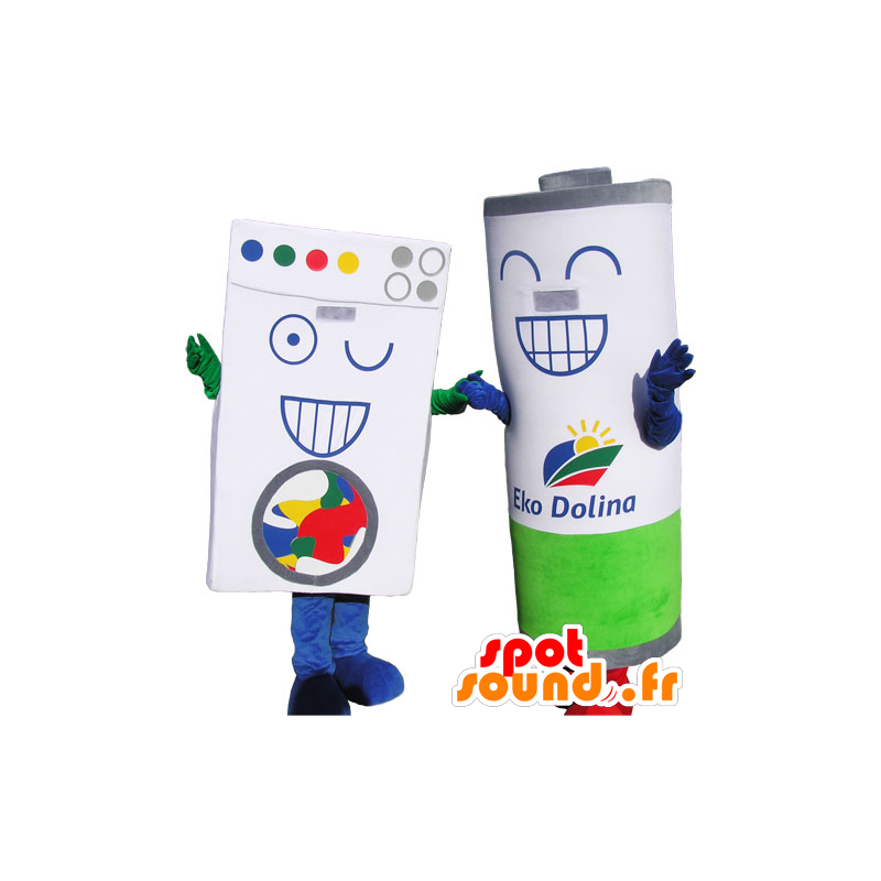 2 mascots, 1 cardboard brick type laundry and 1 giant battery - MASFR032766 - Mascots of objects