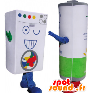 2 mascots, 1 Karton Ziegeln Wäsche und 1 Riesen-Batterie - MASFR032766 - Maskottchen von Objekten