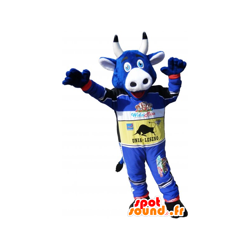 Blaue Kuh Maskottchen hält Rennfahrer - MASFR032773 - Maskottchen Kuh