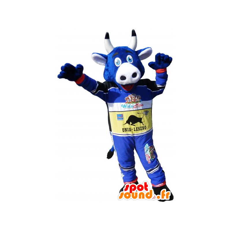 Blå ko maskot i racerbil outfit - Spotsound maskot
