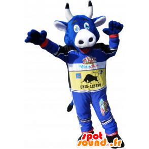 Blue cow mascot holding racer - MASFR032773 - Mascot cow