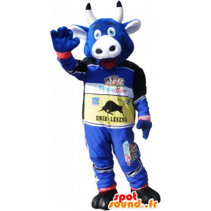Blaue Kuh Maskottchen hält Rennfahrer - MASFR032773 - Maskottchen Kuh