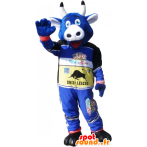 Blue cow mascot holding racer - MASFR032773 - Mascot cow