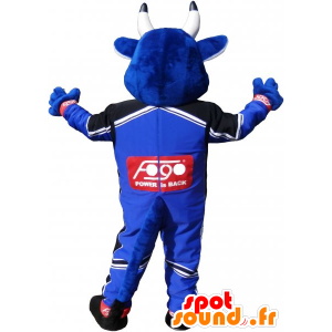 Blue cow mascot holding racer - MASFR032773 - Mascot cow