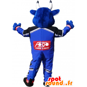 Blå ko maskot i racing bil outfit - Spotsound maskot