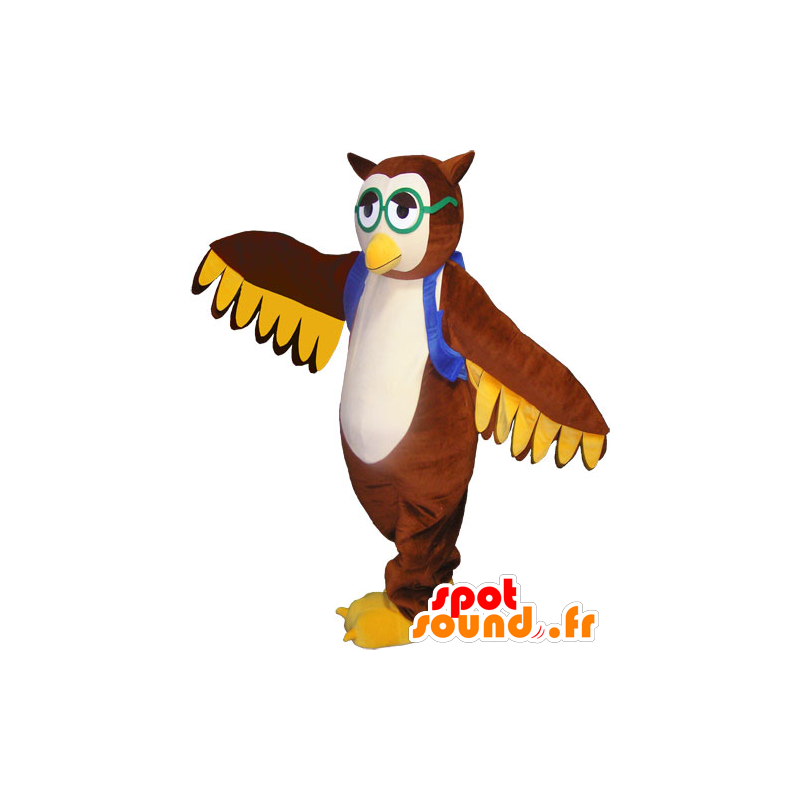Brązowy sowa maskotka z kamizelka i okulary - MASFR032789 - ptaki Mascot