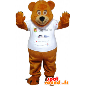 La mascota de peluche marrón con una camiseta blanca - MASFR032790 - Oso mascota