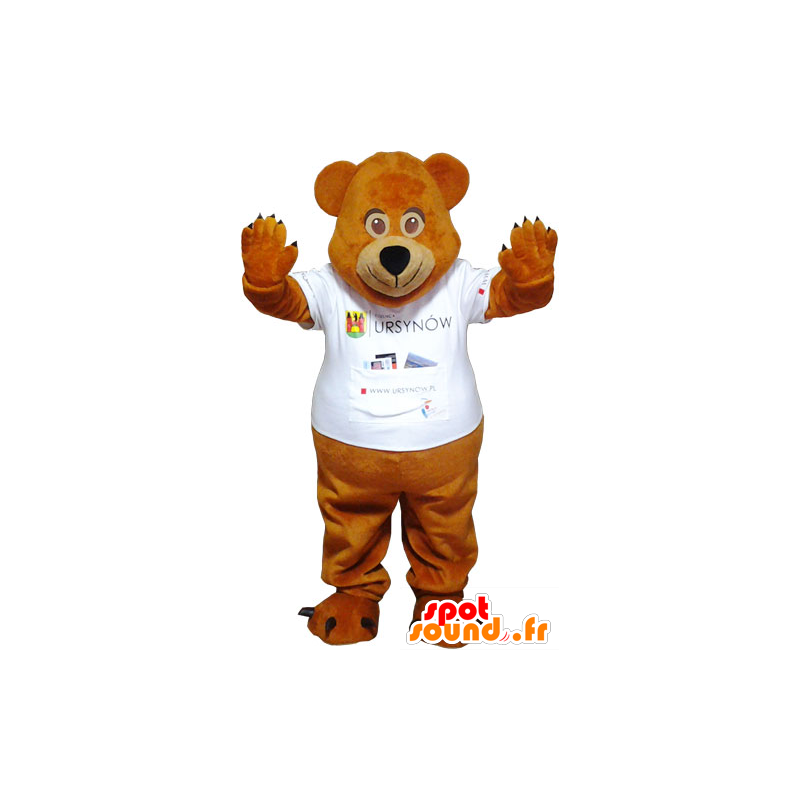 Brun teddy maskot med en hvit t-skjorte - MASFR032790 - bjørn Mascot