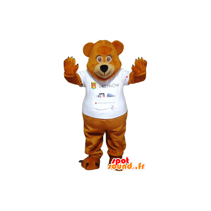Peluche marrom mascote com uma T-shirt branca - MASFR032790 - mascote do urso