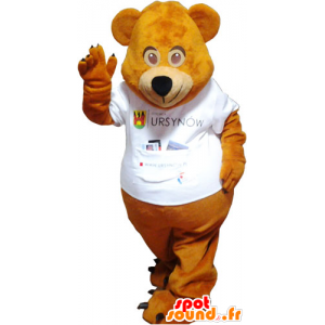 Peluche marrom mascote com uma T-shirt branca - MASFR032790 - mascote do urso