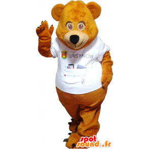 Brun teddy maskot med en hvit t-skjorte - MASFR032790 - bjørn Mascot