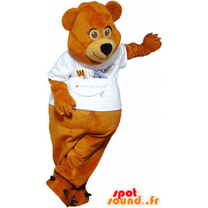 Ruskea nalle maskotti, jossa on valkoinen t-paita - MASFR032790 - Bear Mascot