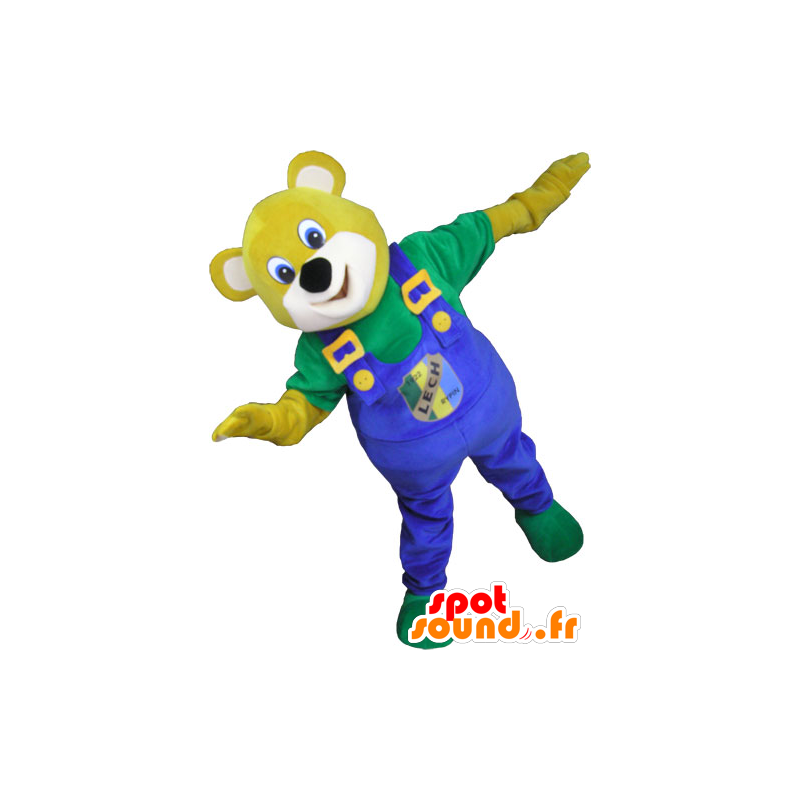 Giallo mascotte orso, con tuta blu - MASFR032791 - Mascotte orso