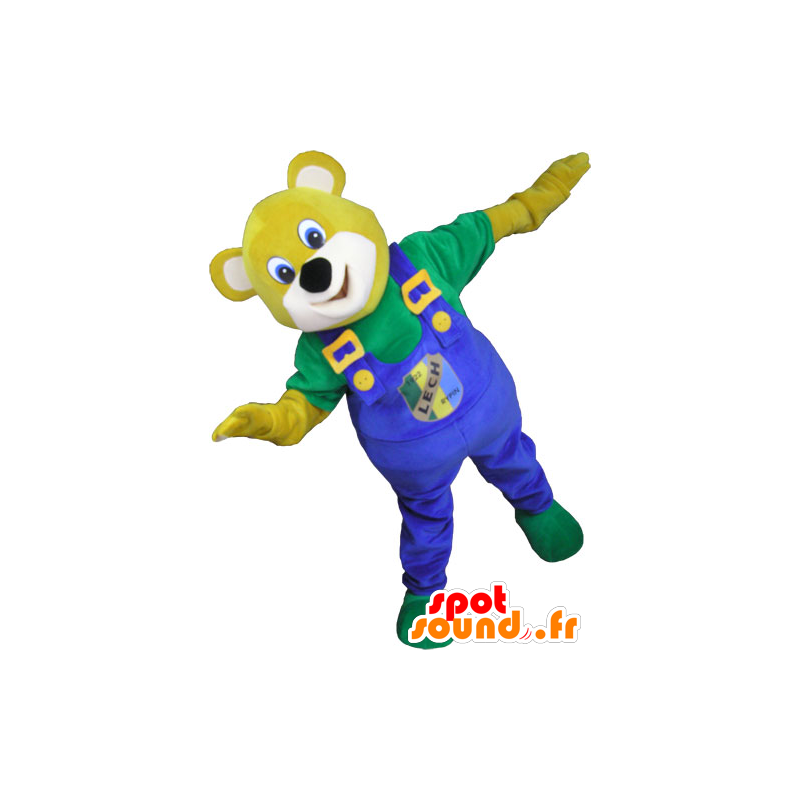 Mascotte d'ours jaune, avec une salopette bleue - MASFR032791 - Mascotte d'ours