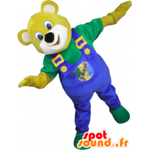 Gul bjørn maskot med blå kjeledress - MASFR032791 - bjørn Mascot