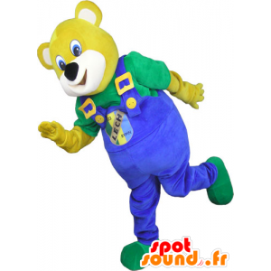 Gul bjørnemaskot med blå overall - Spotsound maskot