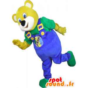 Mascotte d'ours jaune, avec une salopette bleue - MASFR032791 - Mascotte d'ours