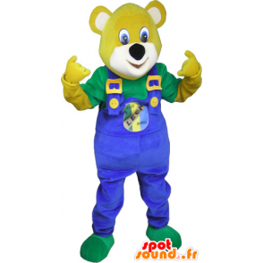 Giallo mascotte orso, con tuta blu - MASFR032791 - Mascotte orso