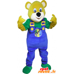 Yellow Bear mascotte met blauwe overalls - MASFR032791 - Bear Mascot