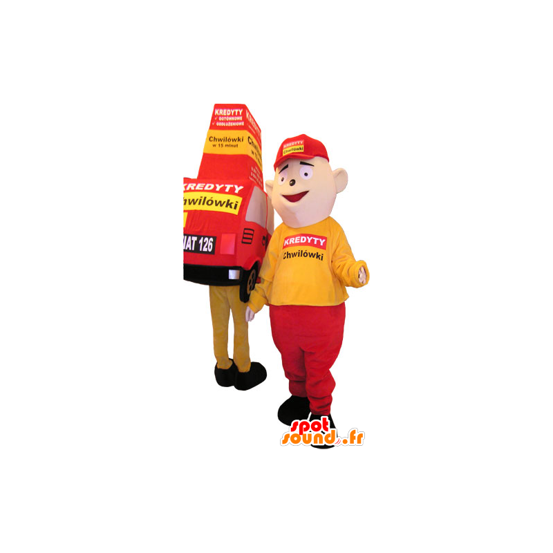 2 mascots, 1 red and yellow car and a man matching - MASFR032797 - Human mascots