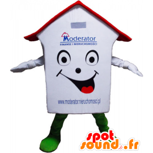 Mascotte de maison blanche, rouge et verte, très souriante - MASFR032798 - Mascottes Maison