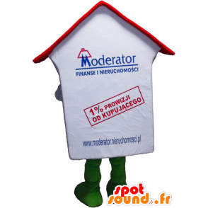 Witte Huis mascotte, rood en groen, zeer glimlachen - MASFR032798 - mascottes Huis