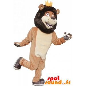 Brun og beige løve maskot med krone - Spotsound maskot