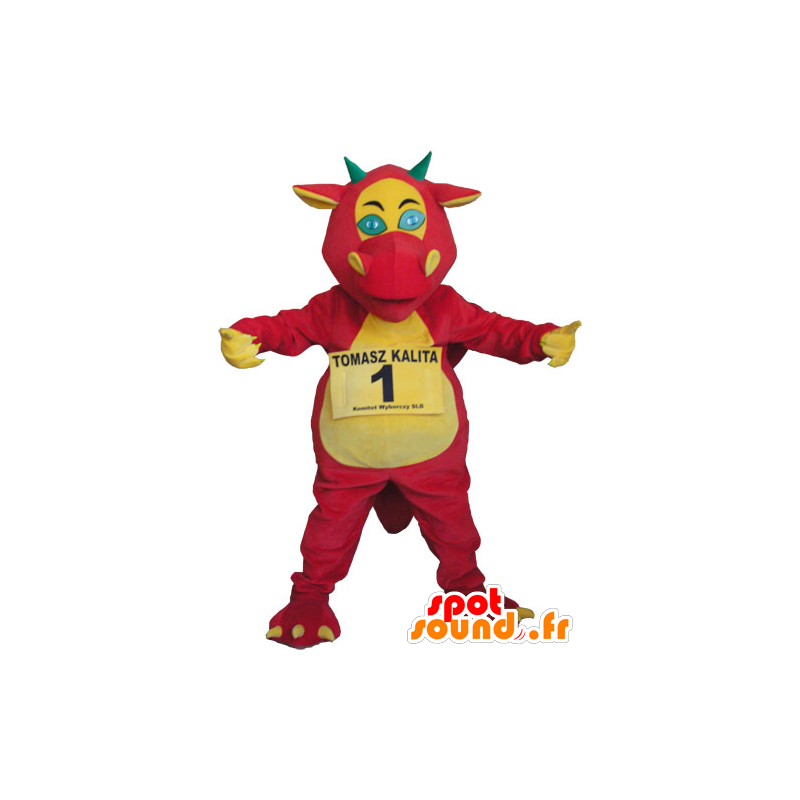 Mascotte de dragon géant rouge, jaune et vert - MASFR032804 - Mascotte de dragon