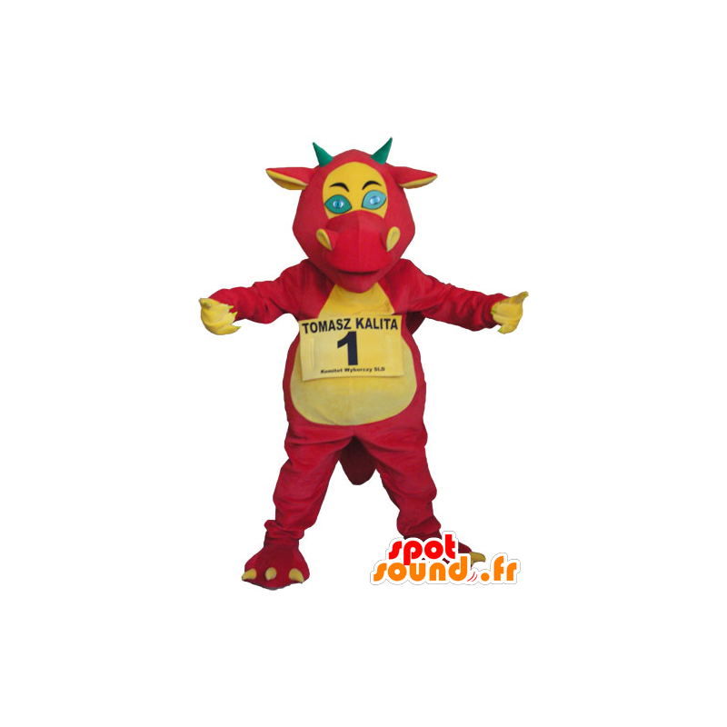 Reusachtige draak mascotte rood, geel en groen - MASFR032804 - Dragon Mascot