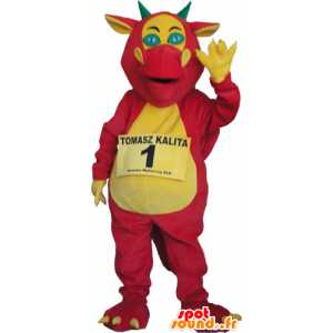 Reusachtige draak mascotte rood, geel en groen - MASFR032804 - Dragon Mascot