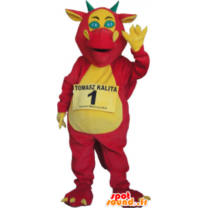 Mascotte de dragon géant rouge, jaune et vert - MASFR032804 - Mascotte de dragon