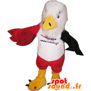 Hvid, rød og sort ørnemaskot med røde shorts - Spotsound maskot
