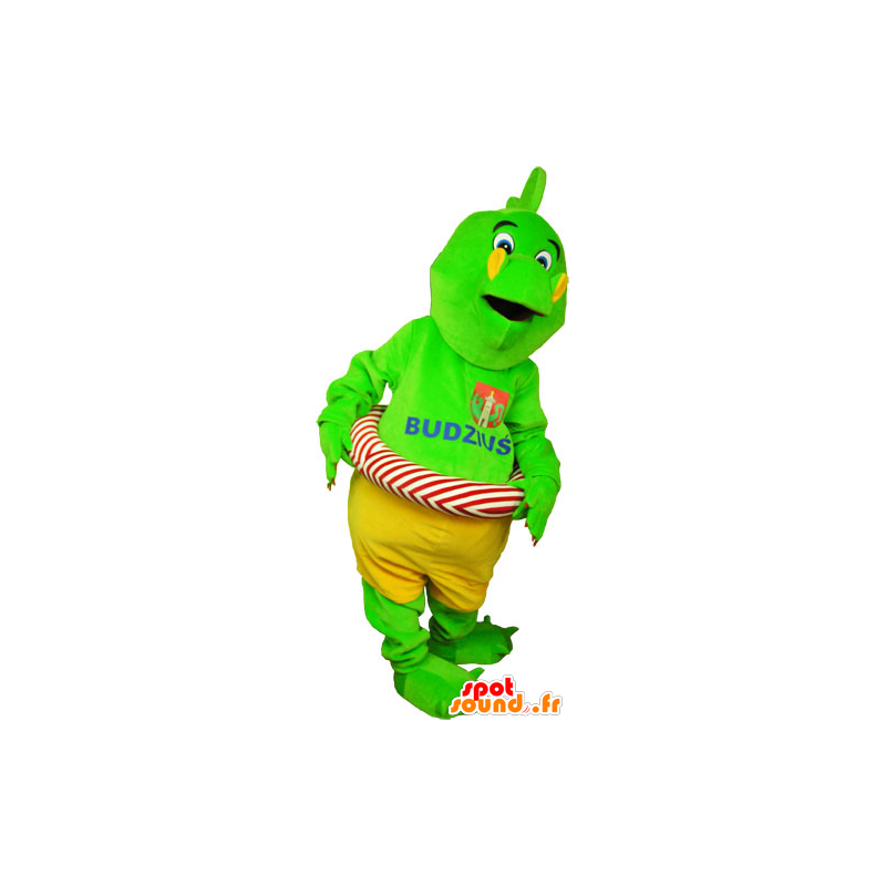 Mascotte de dinosaure vert flashy en short avec une bouée - MASFR032809 - Mascottes Dinosaure
