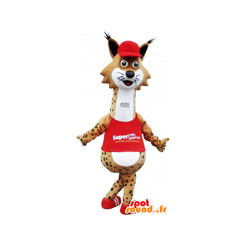 Mascot lince engraçado manchado com um vestido vermelho - MASFR032810 - Mascotes não classificados