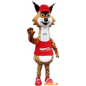 Mascot lince engraçado manchado com um vestido vermelho - MASFR032810 - Mascotes não classificados