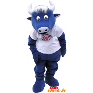 Mascotte de vache bleue avec un t-shirt blanc - MASFR032812 - Mascottes Vache