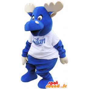 Mascotte d'élan tout bleu avec des bois et un t-shirt blanc - MASFR032813 - Animaux de la forêt