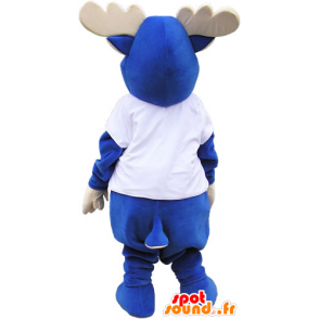 Älgmaskot helt blå med hjorthorn och en vit t-shirt - Spotsound