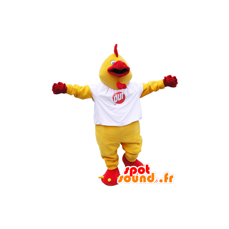 La mascota gigante amarillo y rojo gallo con una camisa blanca - MASFR032818 - Mascota de gallinas pollo gallo