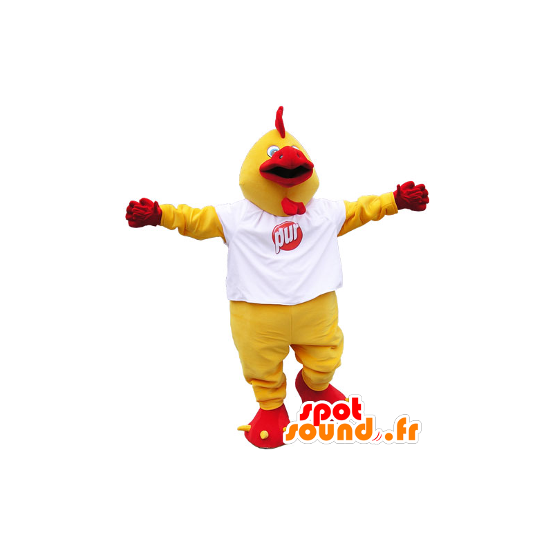 Kæmpe gul og rød hane maskot med en hvid t-shirt - Spotsound