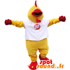 Mascot galo gigante amarelo e vermelho com uma camisa branca - MASFR032818 - Mascote Galinhas - galos - Galinhas