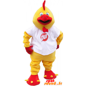 Mascotte cazzo gigante giallo e rosso con una camicia bianca - MASFR032818 - Mascotte di galline pollo gallo