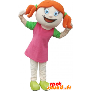 Mascotte de jolie fille rousse, habillée en rose et vert - MASFR032821 - Mascottes Garçons et Filles