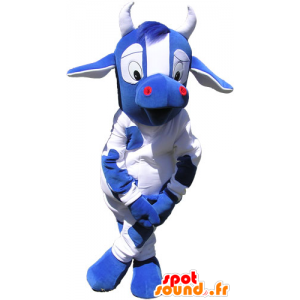 Mascote azul e branco vaca com grandes olhos - MASFR032823 - Mascotes vaca