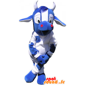 Μπλε και άσπρο αγελάδα μασκότ με τα μεγάλα μάτια - MASFR032823 - Μασκότ αγελάδα