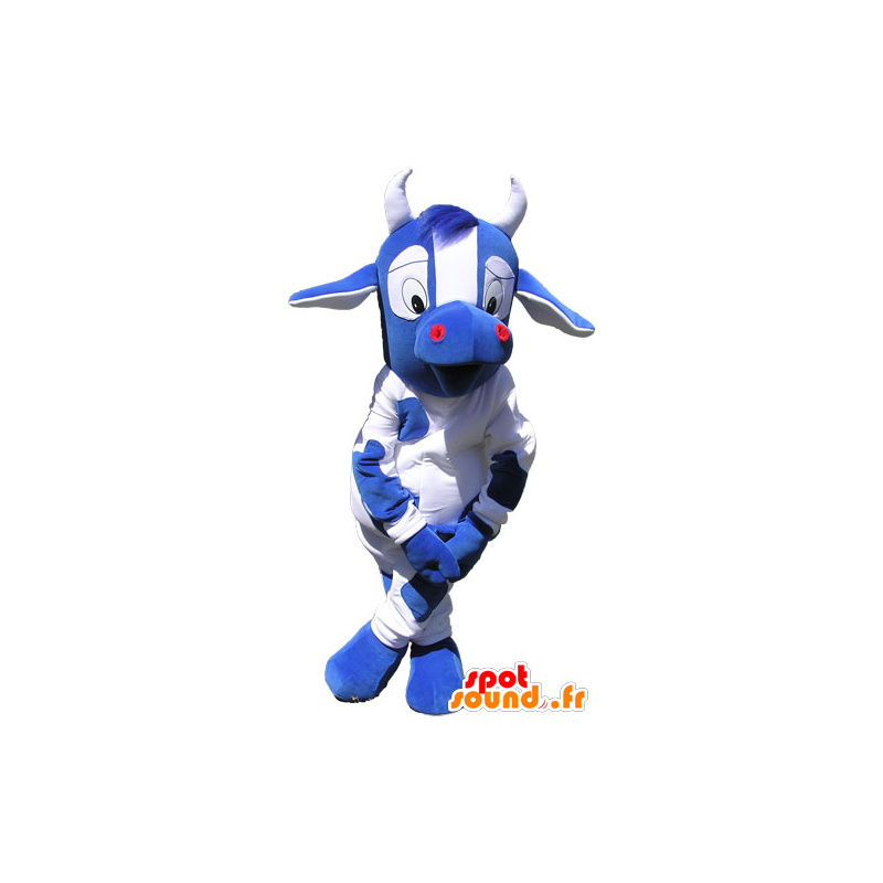 Niebieski i biały krowa maskotka z dużymi oczami - MASFR032823 - Maskotki krowa