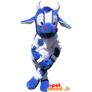 Mascote azul e branco vaca com grandes olhos - MASFR032823 - Mascotes vaca