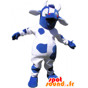 Blaue und weiße Kuh-Maskottchen mit großen Augen - MASFR032823 - Maskottchen Kuh